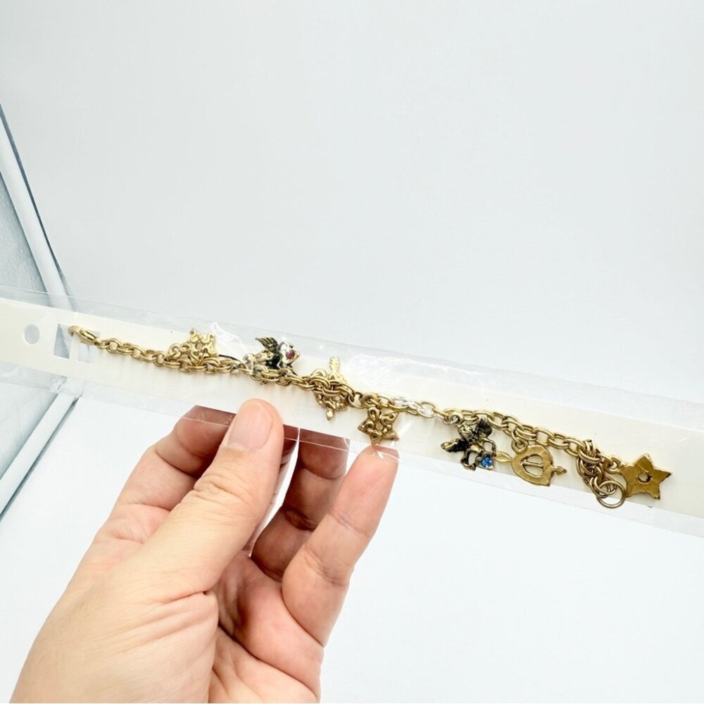 NWT Tofa Vintage-Style Gold Charm Bracelet with Stars & Gemstone Bird Charms
